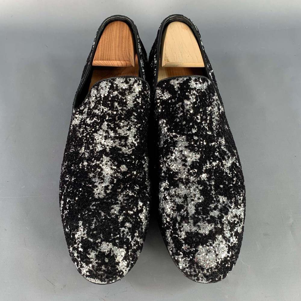 JIMMY CHOO Velvet Glitter Devore Sloan Black Silver Slip On Loafers - Picture 4 of 10